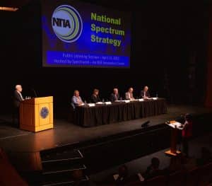 Monisha Ghosh, SpectrumX Policy Outreach Director and Professor of Electrical Engineering at the University of Notre Dame, delivers her comments to the NTIA's National Spectrum Strategy Listening Session panel on April 11, 2023. Photo credit: Wes Evard, University of Notre Dame.